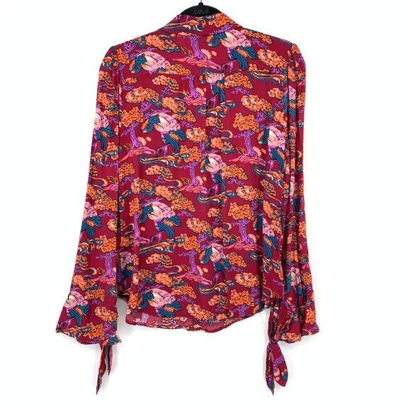 Anthropologie Darla Button Down Shirt Womens Sz 10 Red Bonsai Peacock Print - Picture 2 of 7